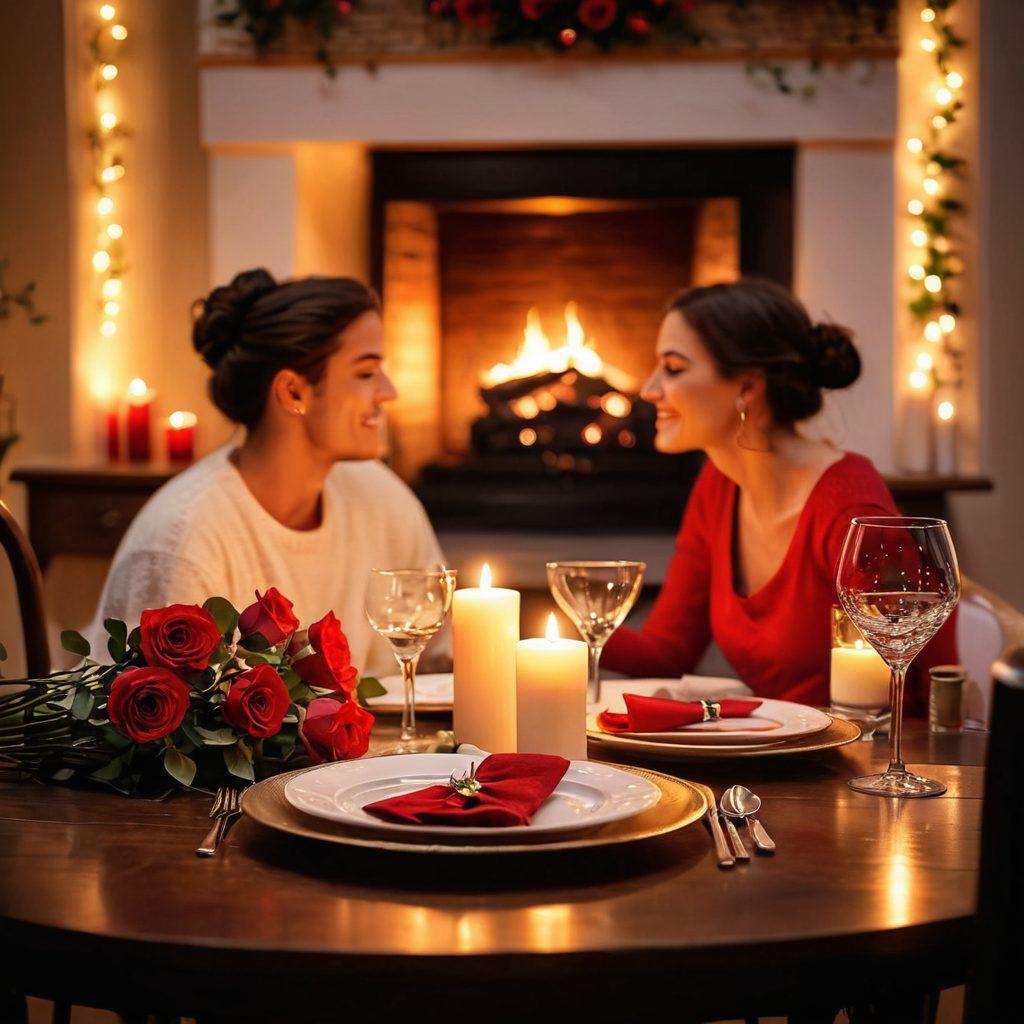A cozy candle-lit dinner table set for two, adorned with red roses and soft, shimmering fairy lights. In the background, a warm fireplace flickers, casting a gentle glow, while silhouettes of a couple are seen sharing a laugh. The atmosphere is filled with passion and intimacy, inviting the viewer to embrace love. super-realistic. warm tones. soft focus.