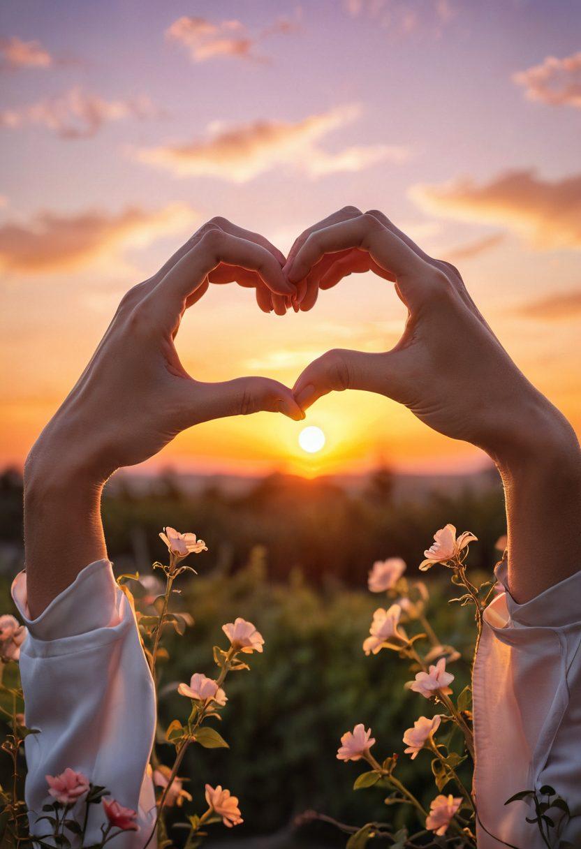 A warm, inviting scene of two hands forming a heart shape against a beautiful sunset backdrop, symbolizing love and connection. In the foreground, delicate flowers and intertwined vines represent nurturing bonds. Soft, glowing lights illuminate the background, enhancing the feeling of intimacy and warmth. The overall mood is romantic and hopeful. super-realistic. vibrant colors. soft focus.